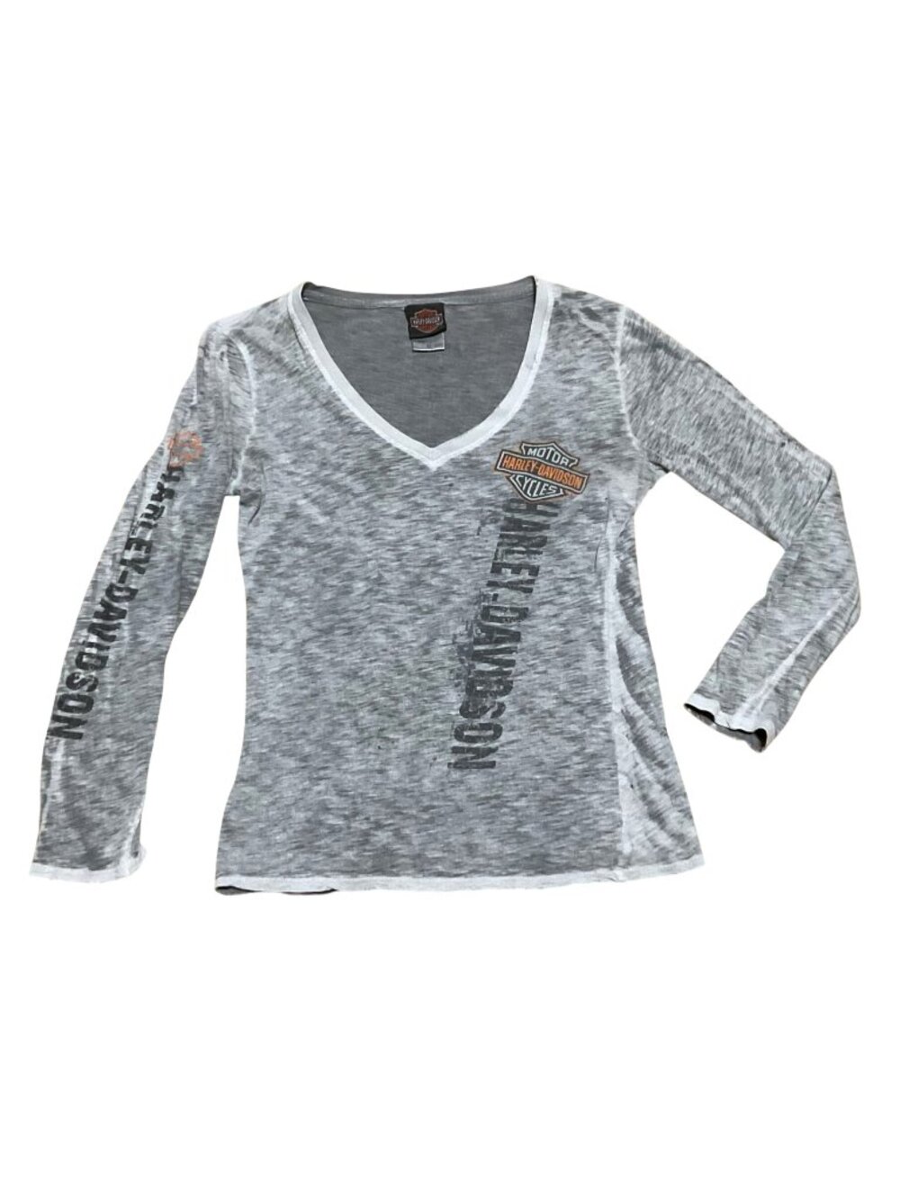 Harley Davidson Burn Out T-Shirt Sz S V-Neck Long Sleeve Gray Logo Biker Womens